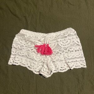 Miken Swim White Lace Shorts with Pink Tassels